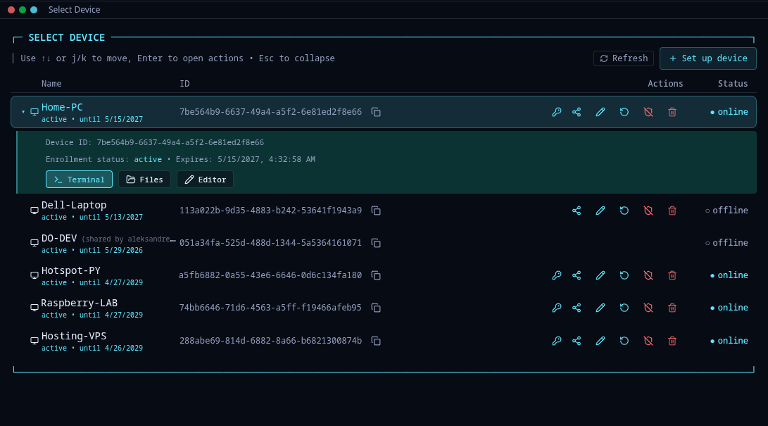 XShell device selector showing six paired devices with online status, expiry dates, and per-device actions