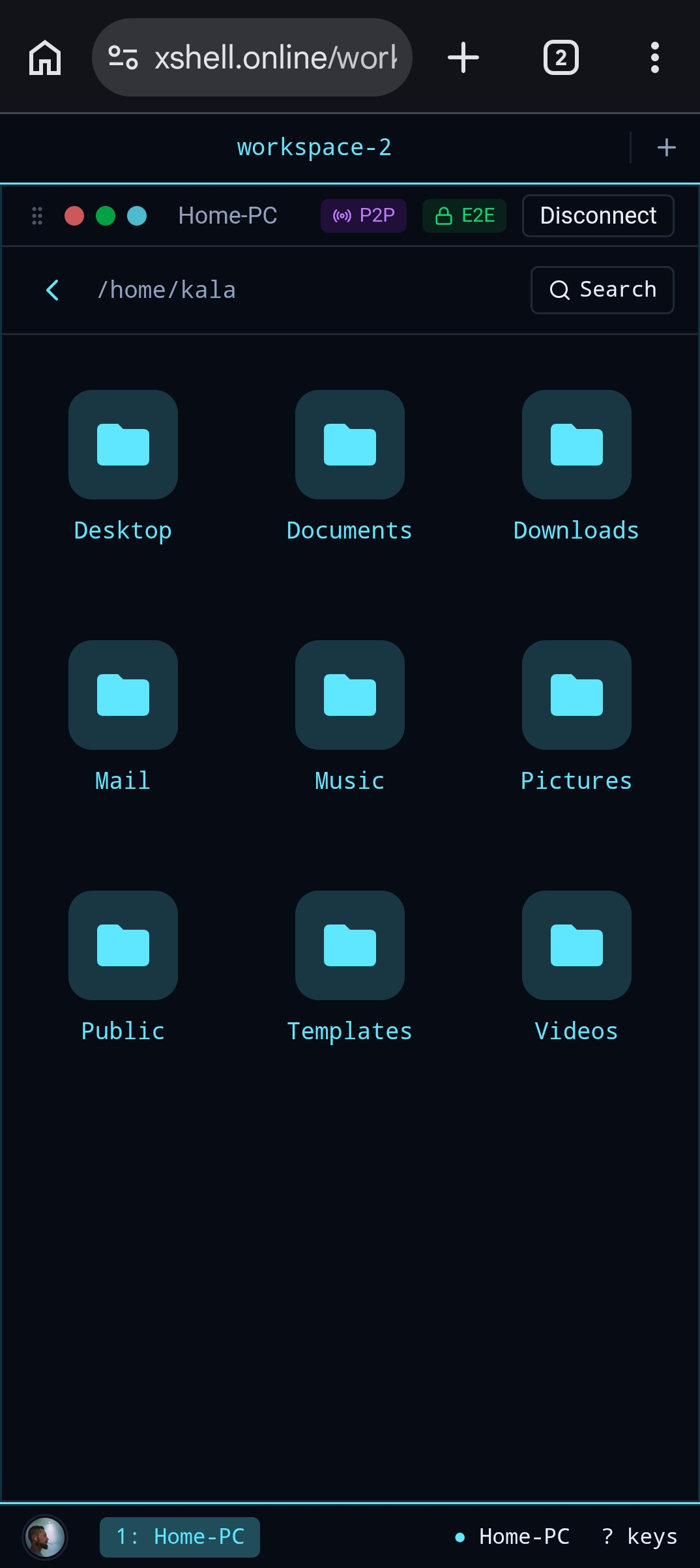 XShell mobile file manager showing Home-PC folders