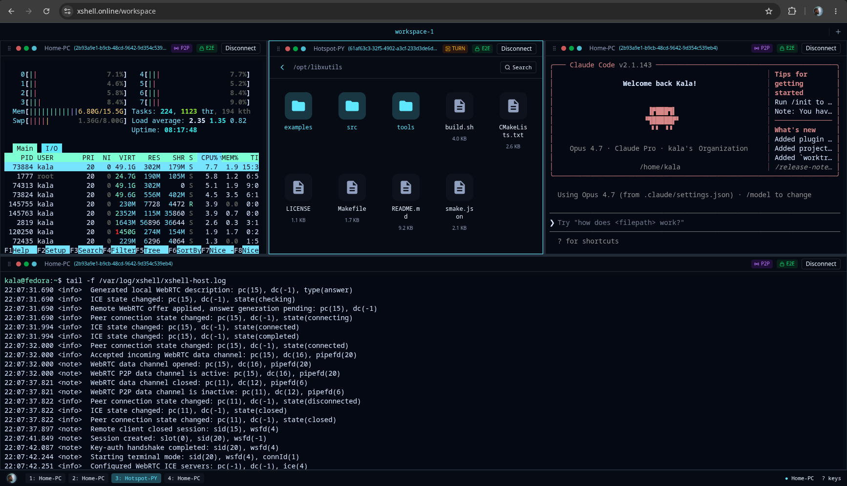 XShell workspace with multiple sessions in split panes — terminal, file manager, and process monitor — each showing its transport mode and end-to-end encryption status